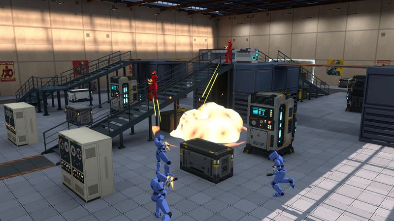 Blue robots advance under fire as a grenade explodes in the warehouse