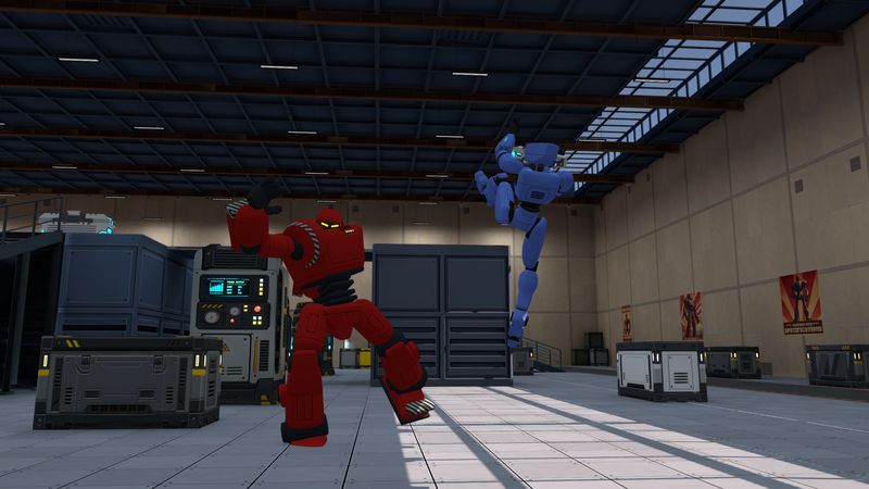 A red thug robot swats a blue robot into the air